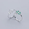 Green Zircon Leaf Shape Ring Adjustable Open 925 Sterling Silver Finger Rings Fashion Jewelry for Women Girls