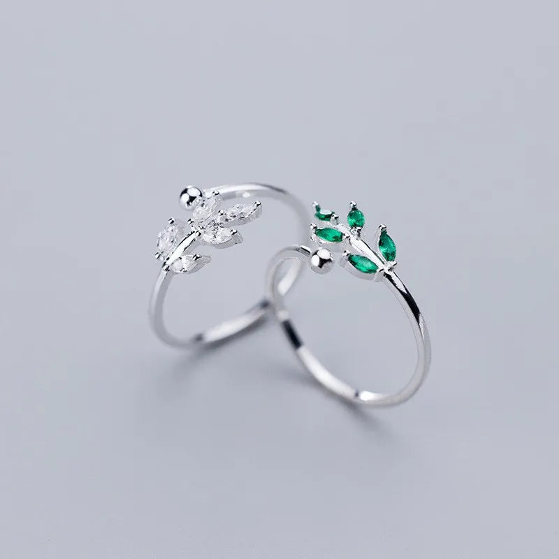 Green Zircon Leaf Shape Ring Adjustable Open 925 Sterling Silver Finger Rings Fashion Jewelry for Women Girls