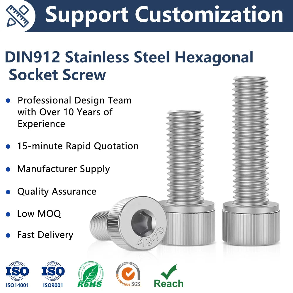 Stainless Steel Metric Hex Socket Head Cap Screws Class 4.8 & 6.8 DIN 912 China Manufacturer Wholesale