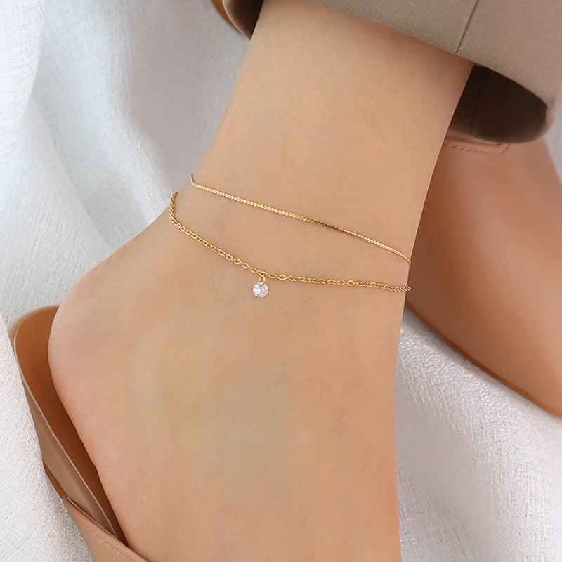 Wholesale Custom Waterproof Foot Jewelry 18k Gold Plated Stainless Steel Double Layer Thin Chain Anklet and Bracelet for Women