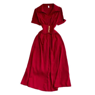 One Size French Haute Couture Style Shirt Skirt Summer New Fashion Short Sleeve Waist Wrap A-line Dress
