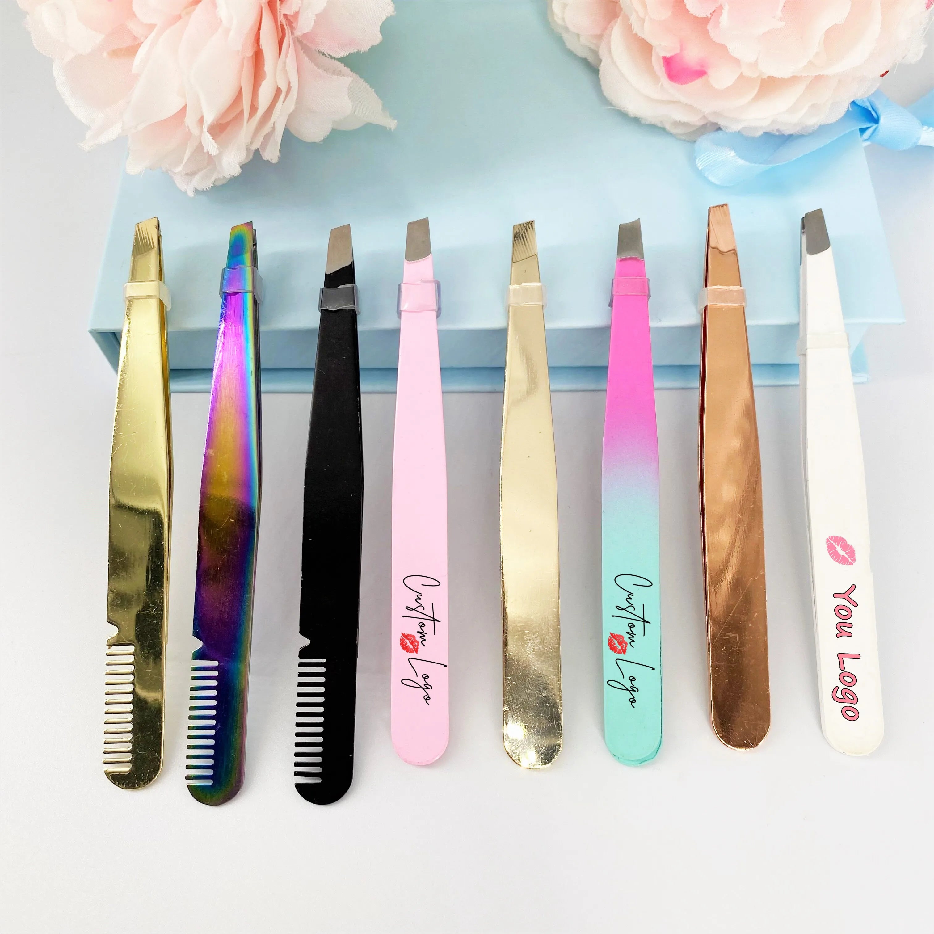Wholesale Stainless Steel Eyebrow & Eyelash Tweezers Slanted Tip Makeup Tools with Custom Brand Logo Clip