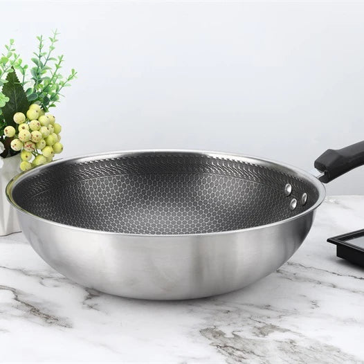 Hot Sales Metal Round 34cm 304 Stainless Steel Cooking Wok Pan With Honeycomb Coating With Bakelite Handle