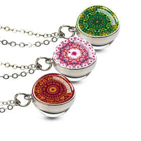 Traditional Women's Fashion Silver Flower Ball Pendant Necklace Mandala Crystal with Link Chain for Wedding and Party
