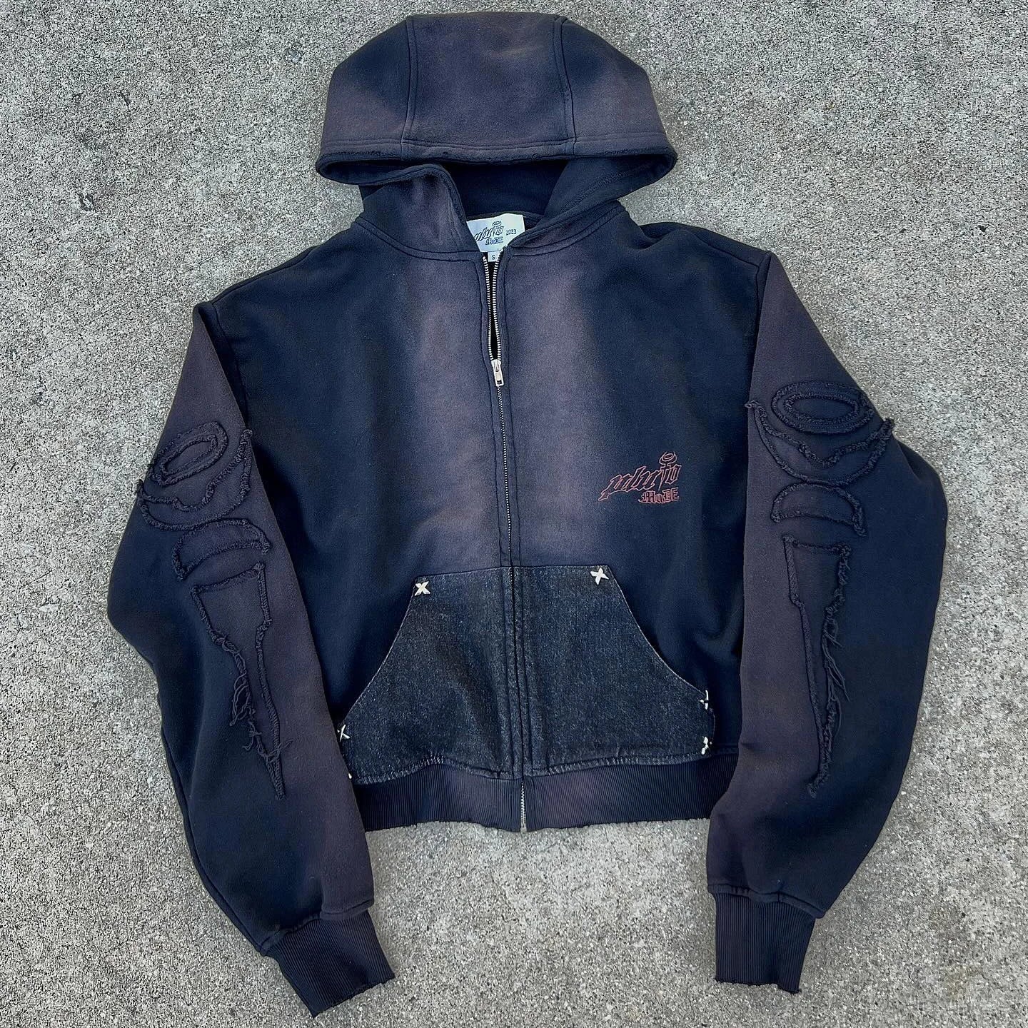 US Free Tax OEM 500 Gsm Hoodie Acid Wash Hoodie Distressed Embroidery Oversized French Terry Zip up Hoodies for Men