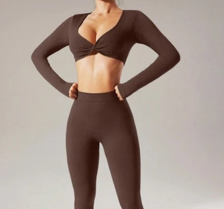 High Waist Seamless Butt Lift Yoga Leggings Set Long Sleeve Fitness Gym Workout Yoga Set