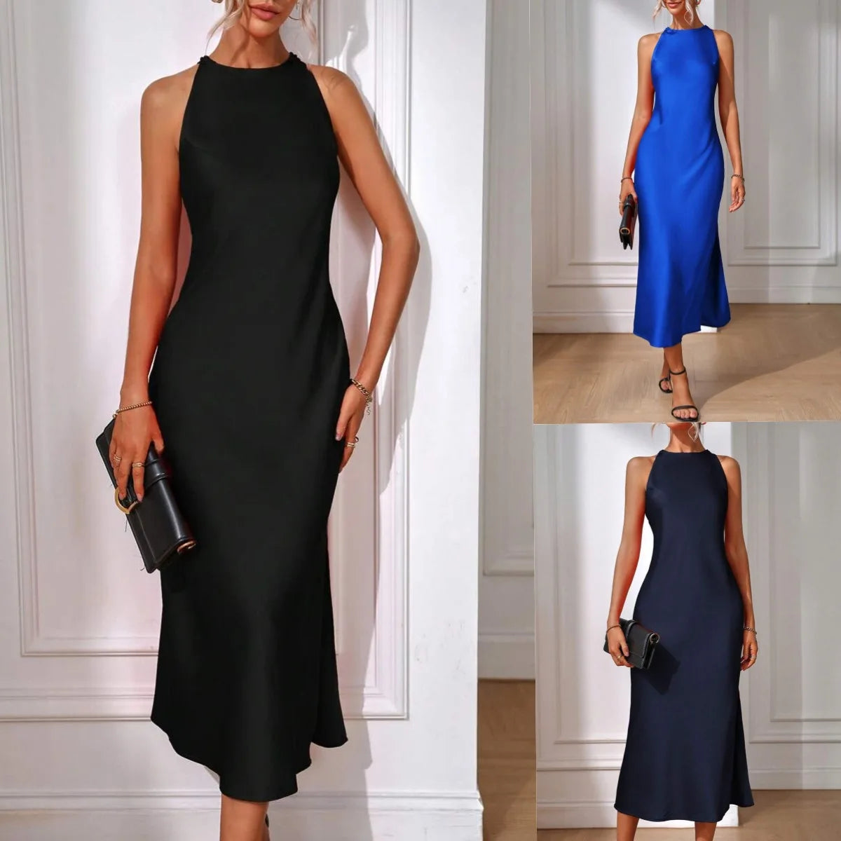 Elegant Fashionable Solid Color Midi Dress Casual Summer Sleeveless Neck Slit Woven Digital Printed Washable Long Button Dress MegaBDM