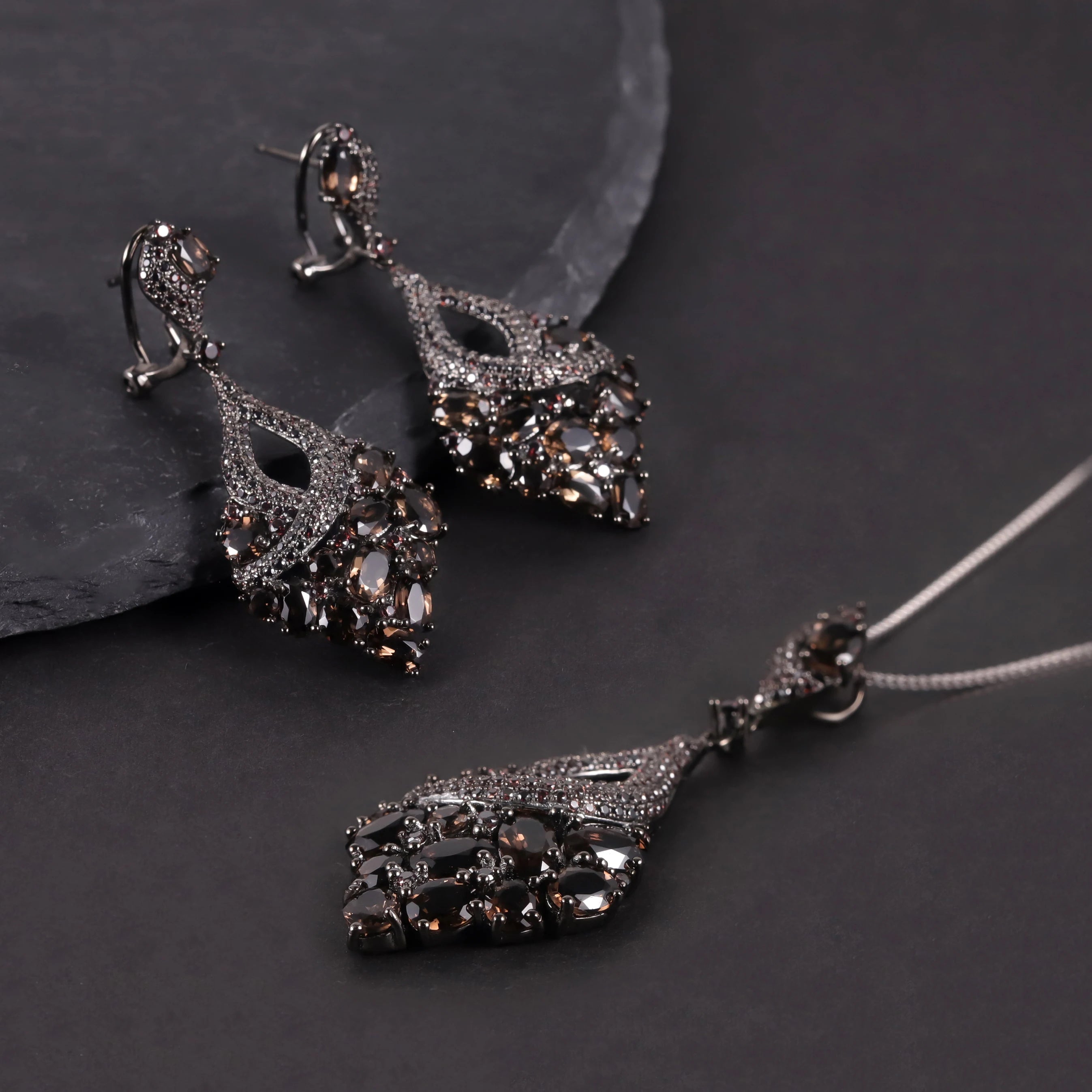 W0453 Excellent Finishing Jewelry Factory Low Cost Dark Color Black Gun Plated 925 Silver Natural Smoky Quartz Jewelry Sets