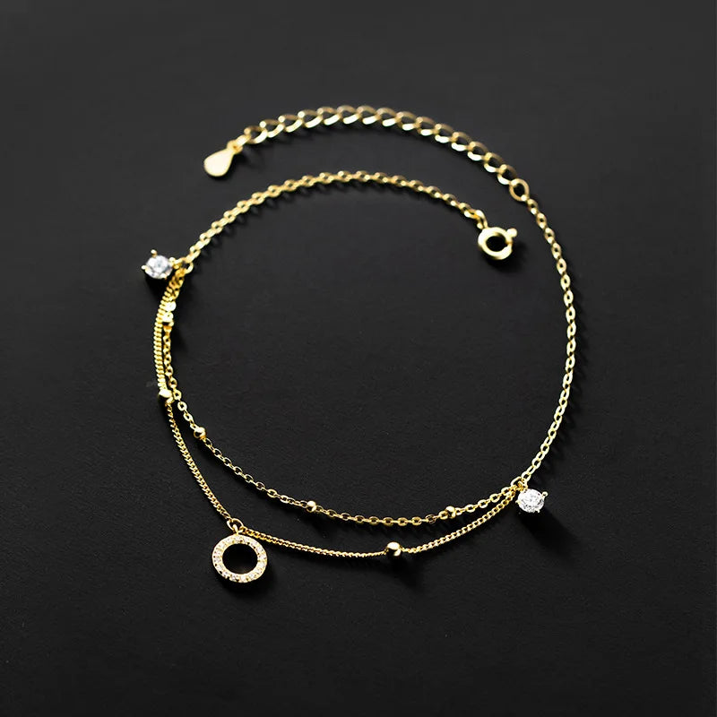 925 Real Sterling Silver Cubic Zirconia Anklet Bracelet 18K Gold Plated Chain Round Pendant Anklets Foot Jewelry for Women