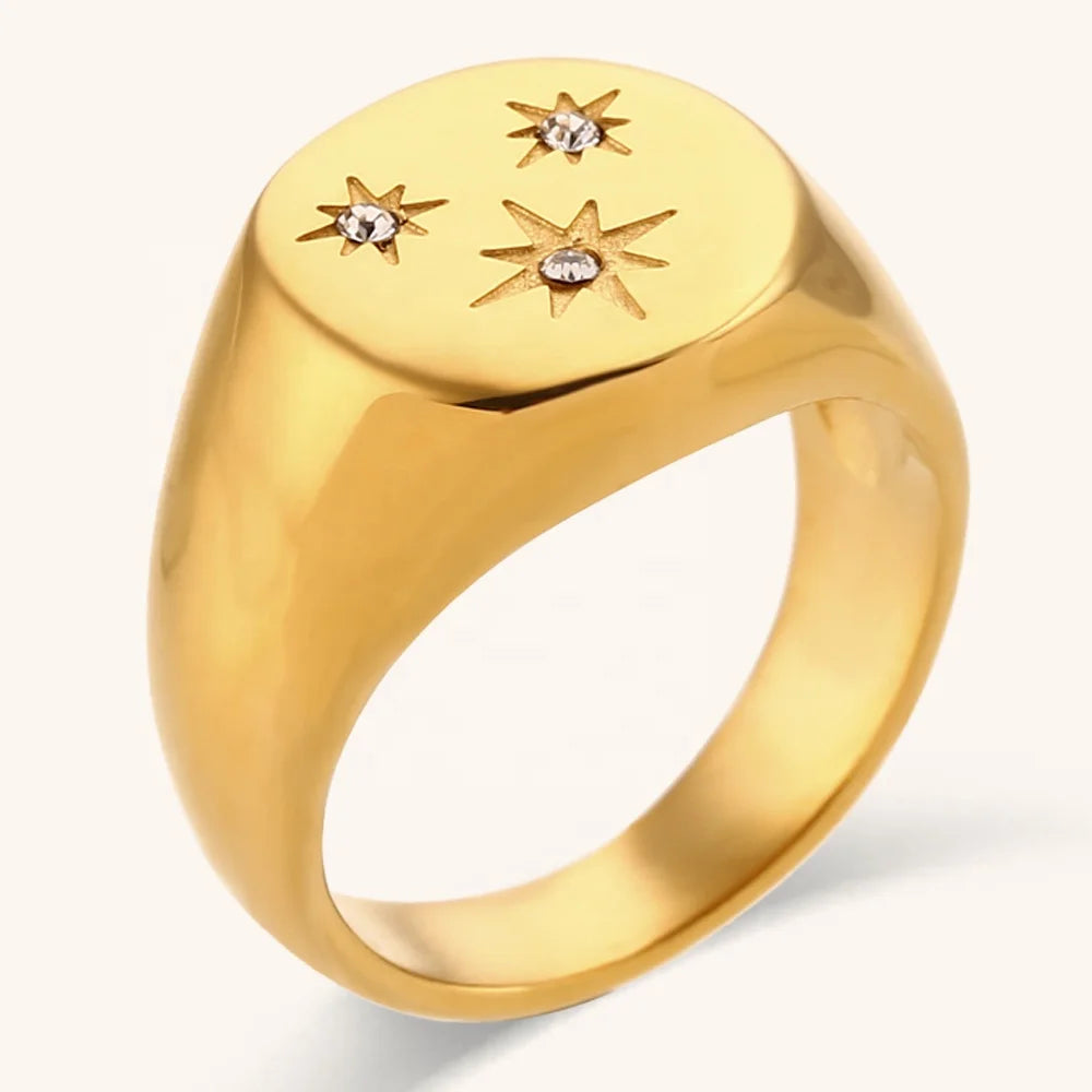 Custom 18k Plated Stainless Steel Jewelry Hypoallergenic Three Zircon Star Rings Non Tarnish Jewelry Ring