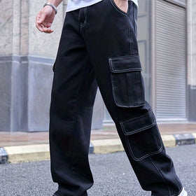 Wholesale Vintage Style Men's Eco-Friendly Windproof Quick Dry Cargo Pants Mid Medium Denim Wide Leg Side Pockets Solid Summer