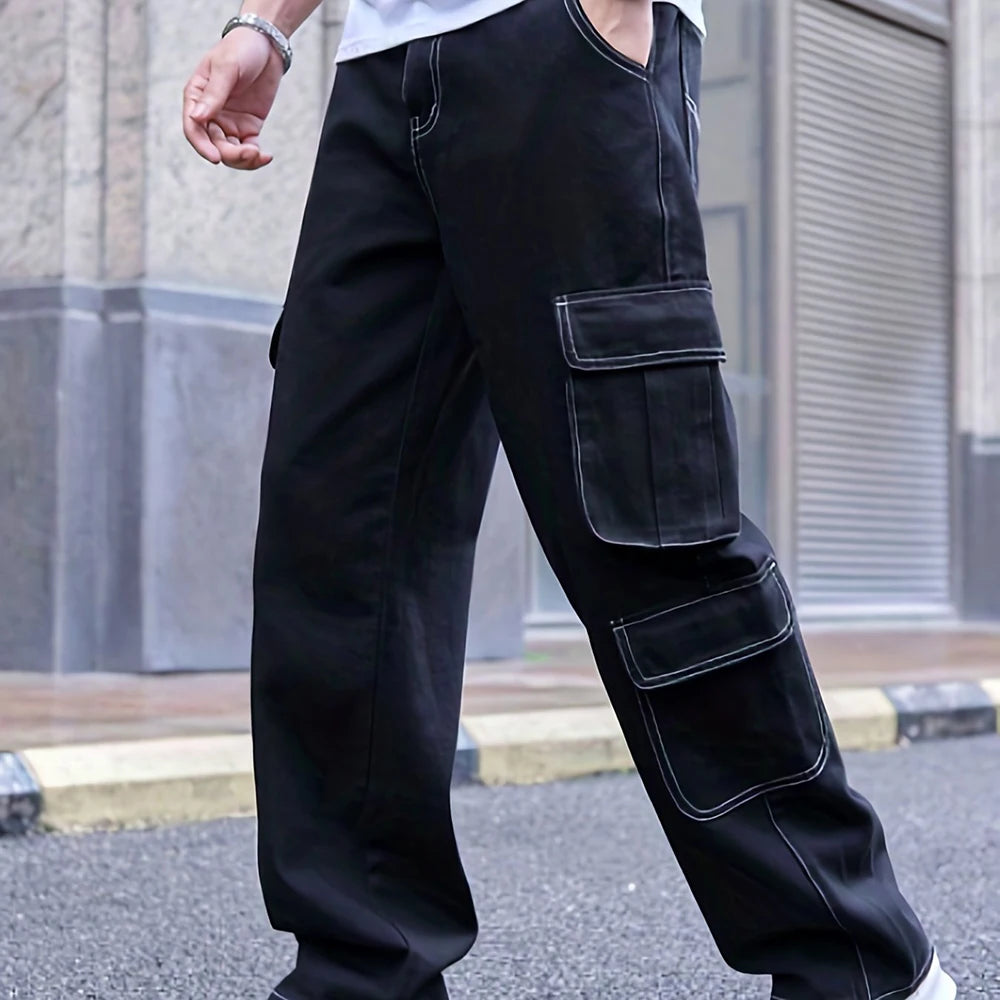 Wholesale Vintage Style Men's Eco-Friendly Windproof Quick Dry Cargo Pants Mid Medium Denim Wide Leg Side Pockets Solid Summer