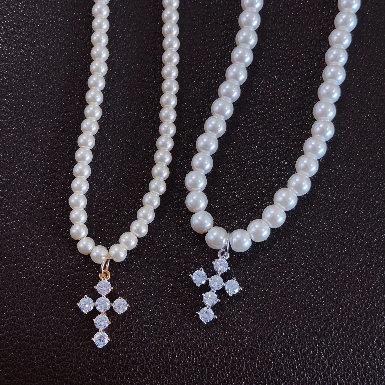 Chic Faux Pearl Necklace Cz Cross Pendant Pearl Choker Round White Fashion Pearl Hop Hop Retro Tennis Cross Pendant Necklace