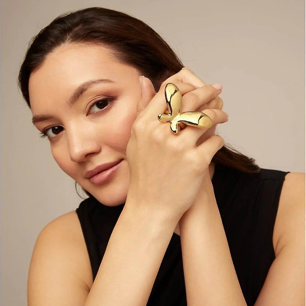 J&D INS New Trendy Stainless Steel Ring Jewelry Gift 18K Gold Plated Butterfly Shape Ring Clean Fit Women