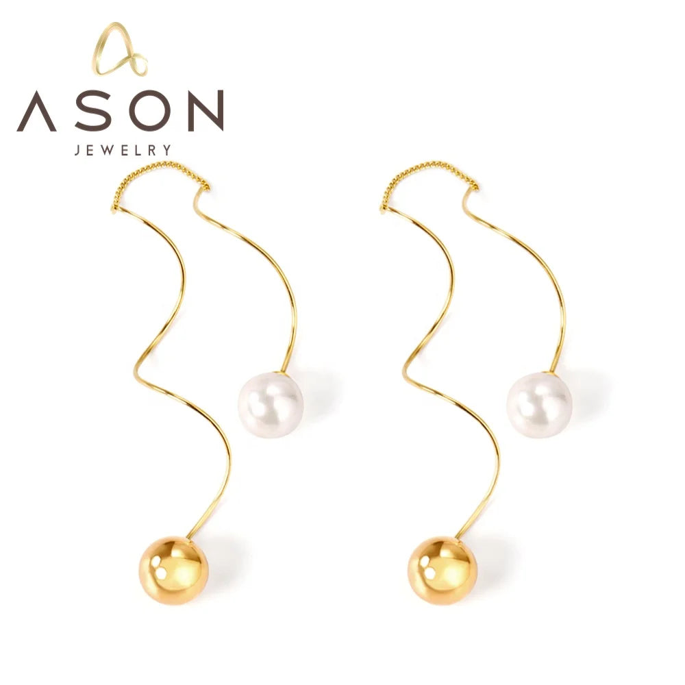 Ason Jewelry Hot Selling Popular Line Sense Pearl Earrings Stainless Steel 18K Gold Plated Long Tassel Drop Earrings for Girls