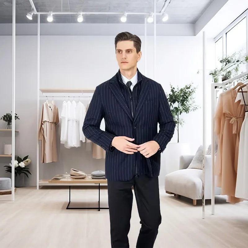 MTM Custom Men's Navy Blue Striped Slim Blazer Breathable Single-Breasted Casual Jacket for Spring/Summer ODM Supply for 1 Piece