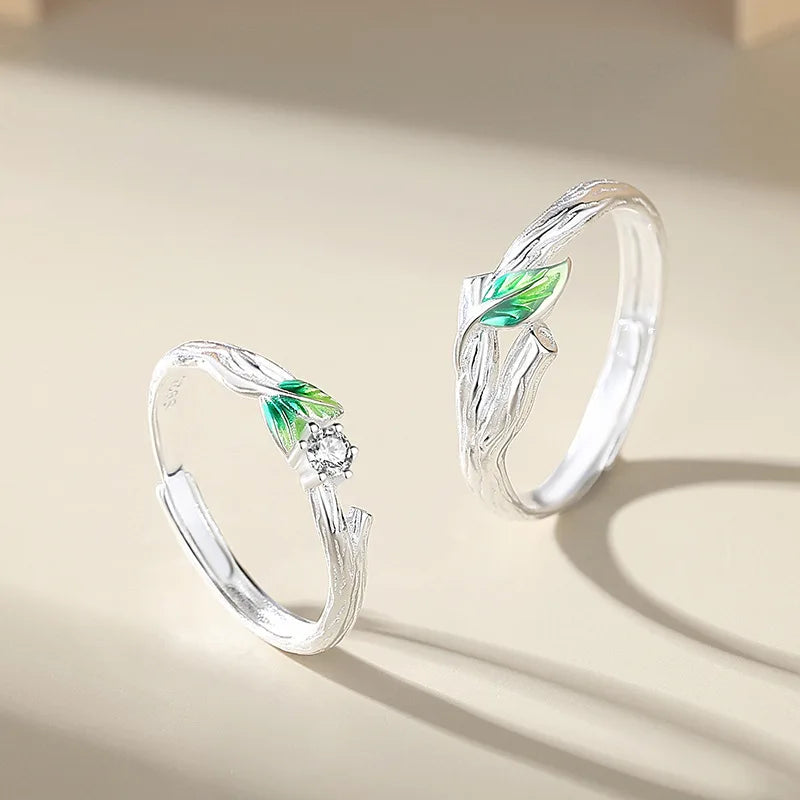 New Trendy Sweet Lover Green Leaves Couple Ring Trend Personality Open Ring for Lover Men Women Plant Finger Ring