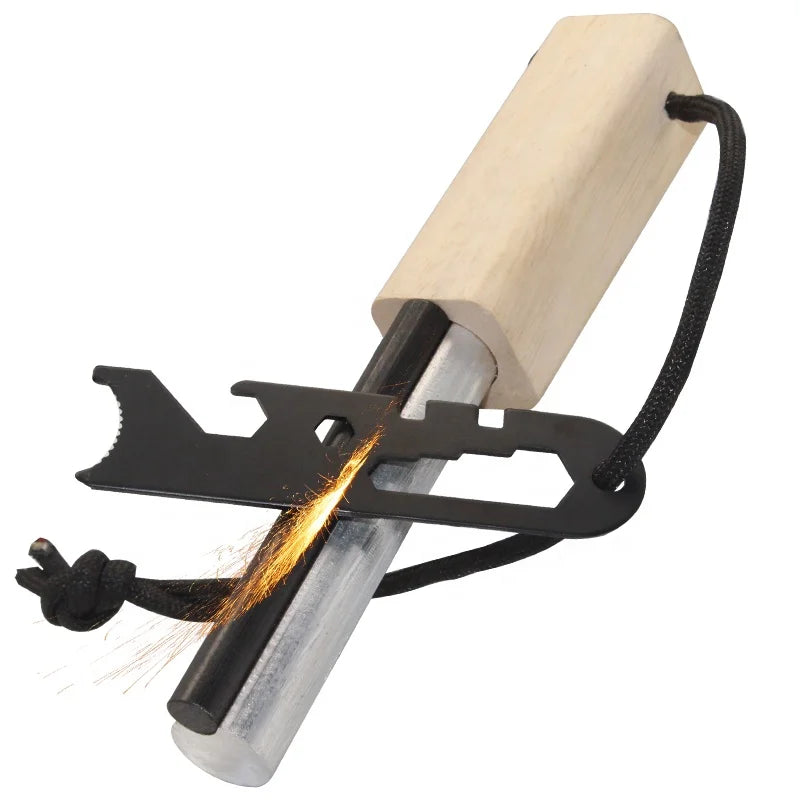 Best Wood Handle Emergency Waterproof Survival Fire Starter Magnesium Ferro Rod Combo with Multitool Scraper