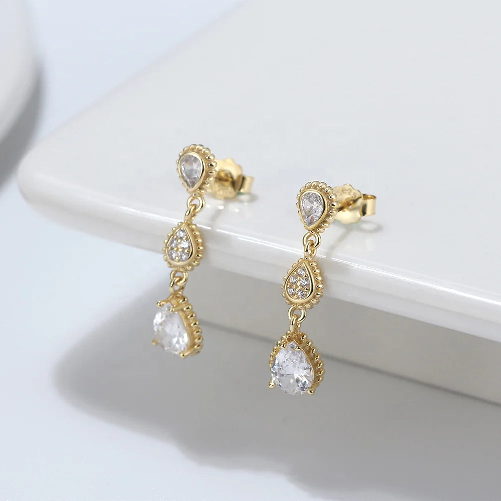 Dainty CZ 925 Sterling Silver Drop Dangle Zirconia Earrings 14K Gold Plated Diamond Teardrop Studs Earrings for Woman