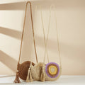 2026 Soft Round Straw Hollow Women's Hand Woven Bohemian Tote Bags One Shoulder Beach Bag Zipper Closure Floral Decoration