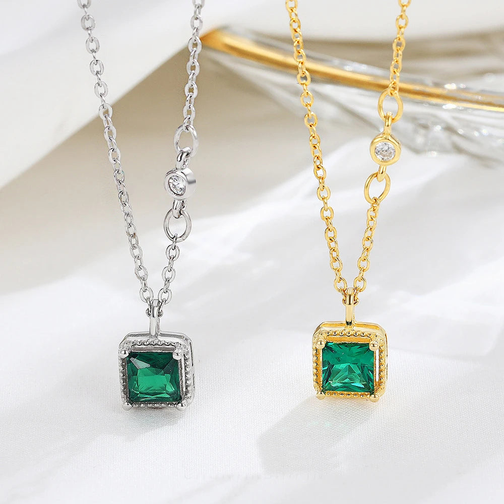 Fine Jewelry 18k Gold 925 Sterling Silver square Shape Women CZ Diamond Clavicle Chain Necklace