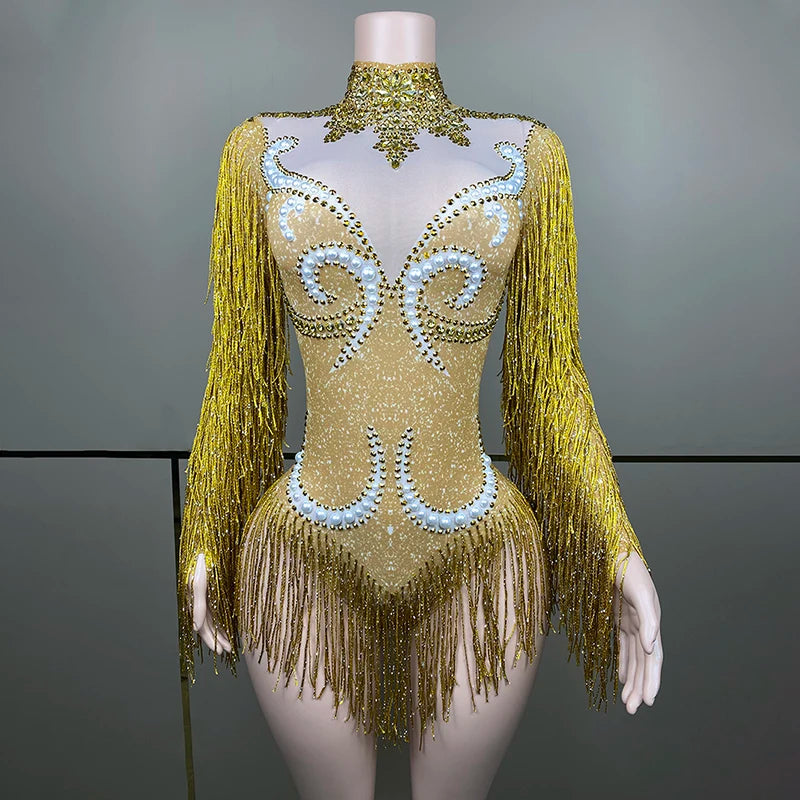 Party Outfit Sparkly Rhinestones Printed Lace Oriental Dance Costume Yellow Dress