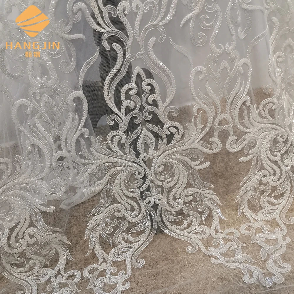 Hot Wedding Lace Fabric Heavy Handmade Beaded Lace White Embroidery Fabric Lace Tulle