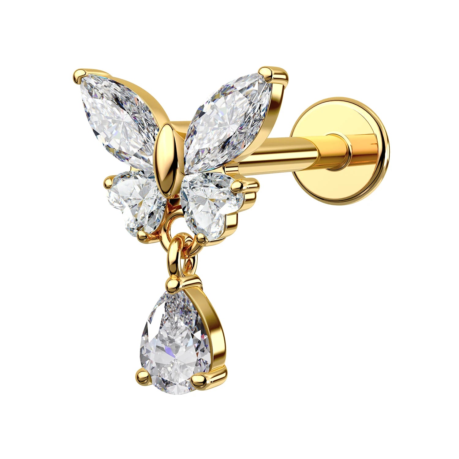 Toposh Internally Threaded Butterfly Helix Stud Titanium Flat Back Cartilage Earring Dangle CZ Tragus Earring for Women