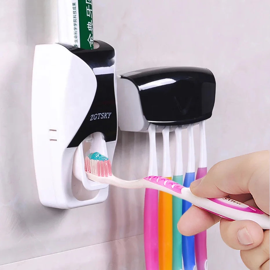 Automatic Toothpaste Dispenser Wall Mount Dust-proof Toothbrush Holder Wall Mount Storage Rack Bathroom Accessories Set