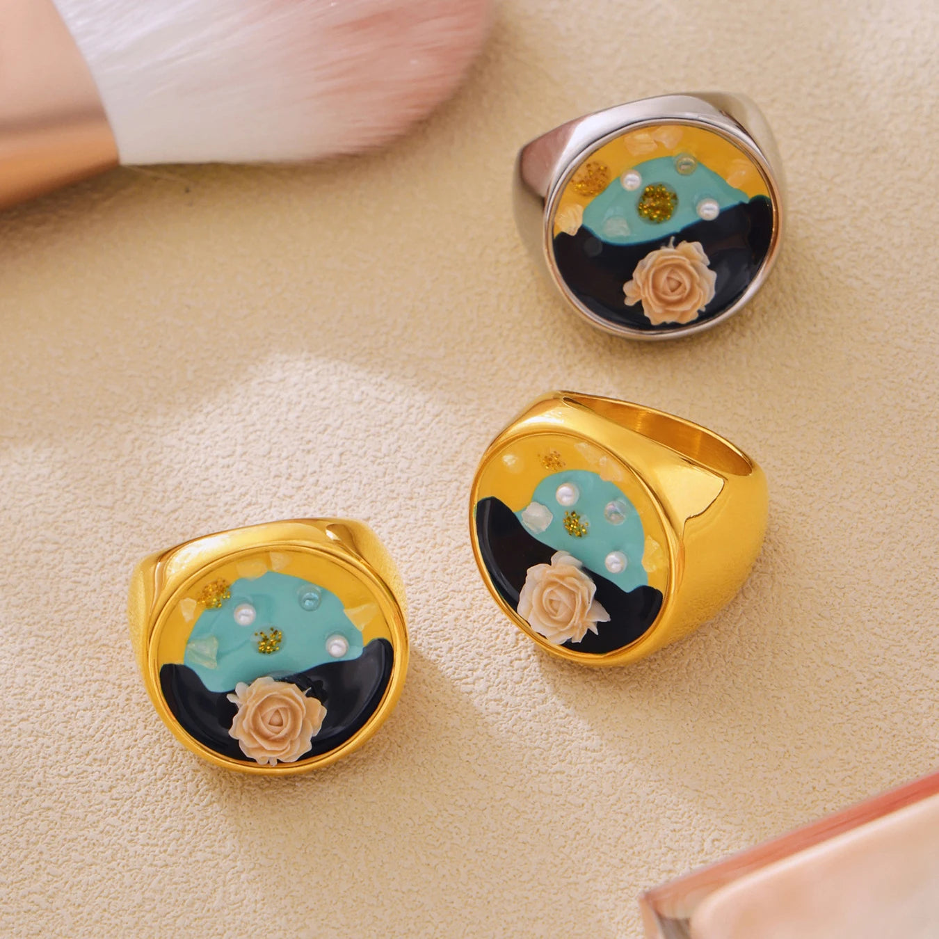 New Arrival Vintage Personalized 18K Gold Plated Flower Rose Pearl Ring Colorful Oil Painting Luxury Titanium Steel Women's Ring