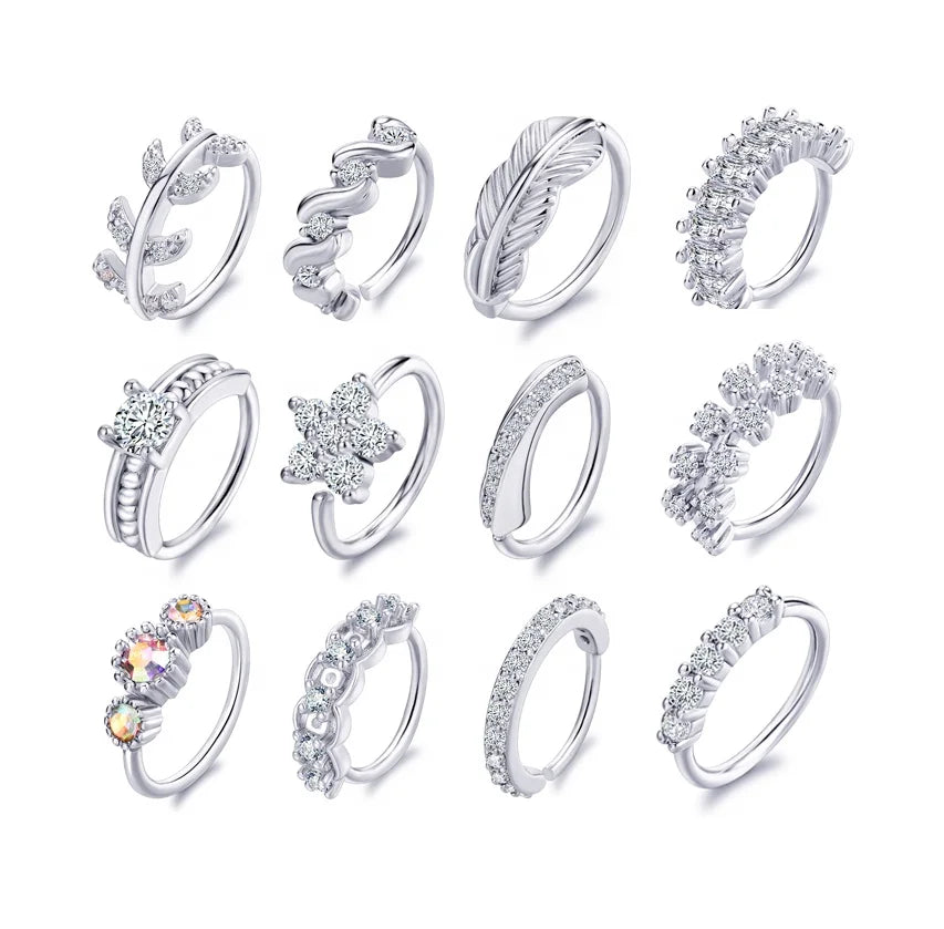 Luxurious Hypoallergenic Silver Plated Nose Hoop Ring Piercing Jewelry Paved Zircon Feather Leaf Flower Cartilage Earring Nose