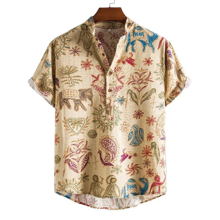 New Design Short Sleeve Custom Printed Hawaiian Beach Holiday Stand Collar Shirts for Men