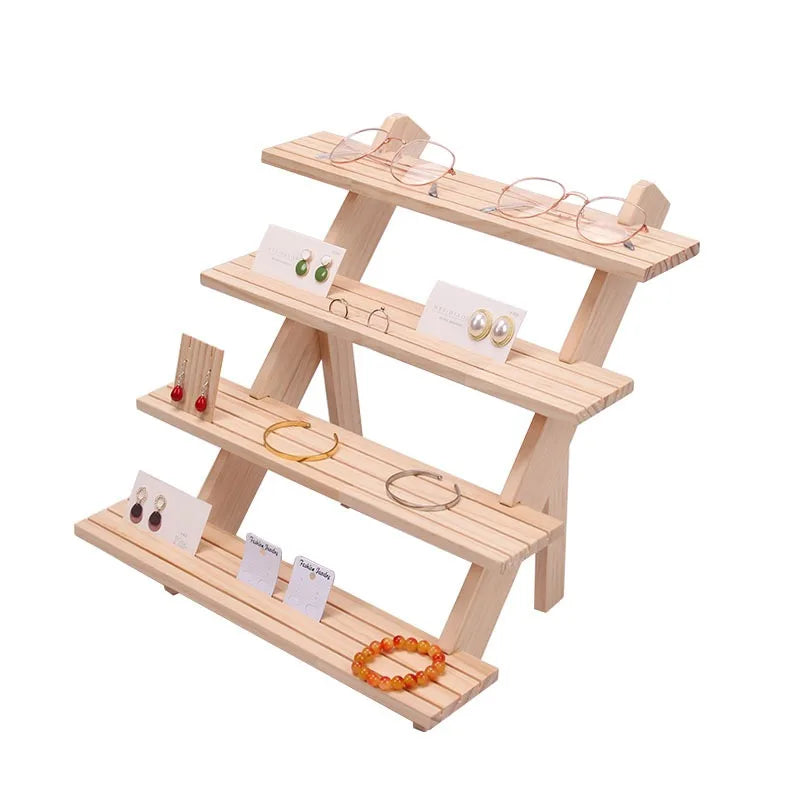 4 Layer Wood Ladder Design Jewelry Earring Cards Rings Doll Exhibition Presentation Shelf Stand