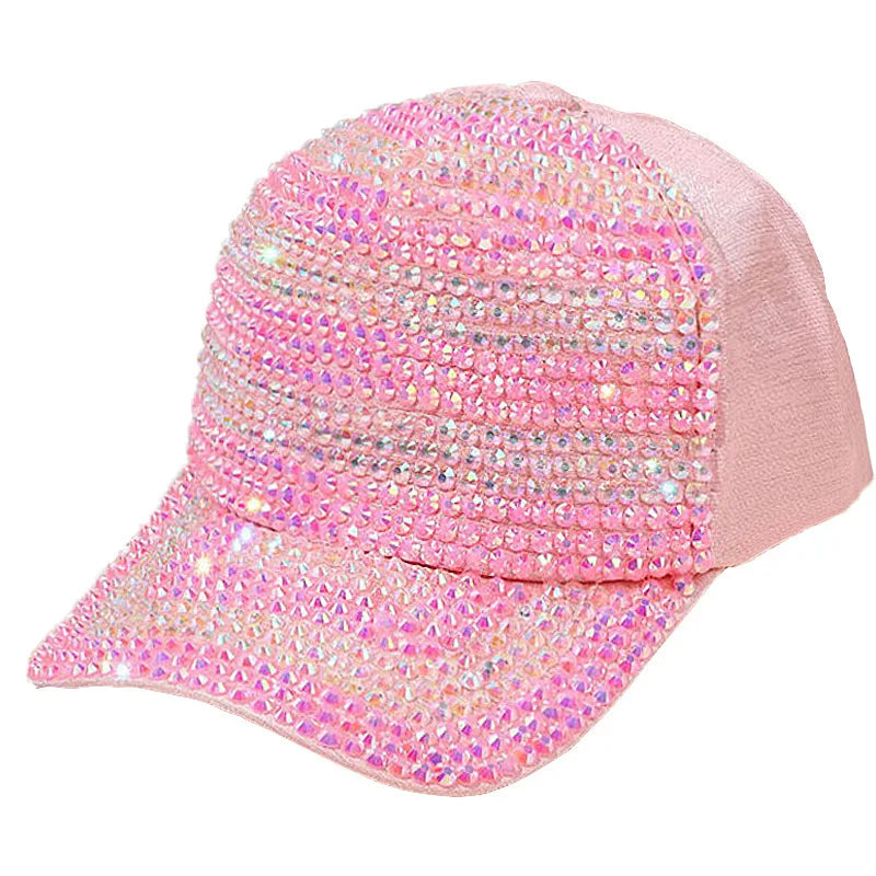 Fashion Summer Glitter Ponytail Shining Rhinestone Crystals Adjustable Baseball Cap Plain Sparkle Bling Hip Hop Mesh Sun Hat