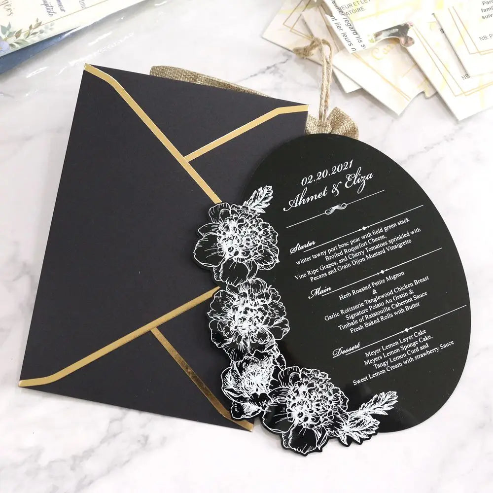 A5 Size Elegant Black Acrylic Menu Card with White Ink Printing for Party Event