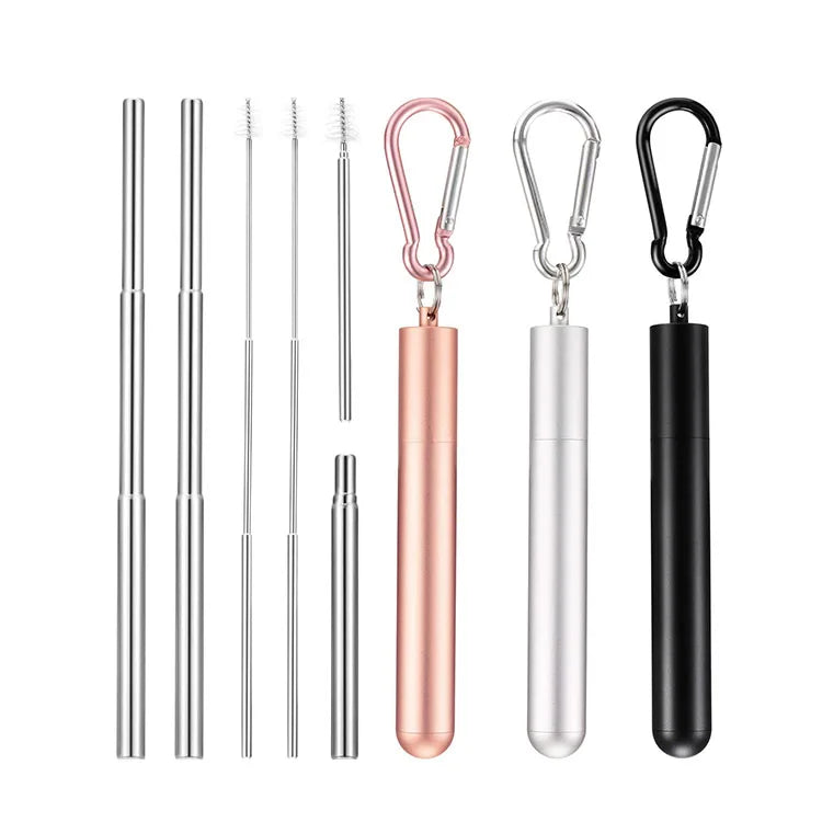 18/8 Reusable Straw Metal Straws Portable Collapsible Stainless Steel Telescopic Straw Set with Case