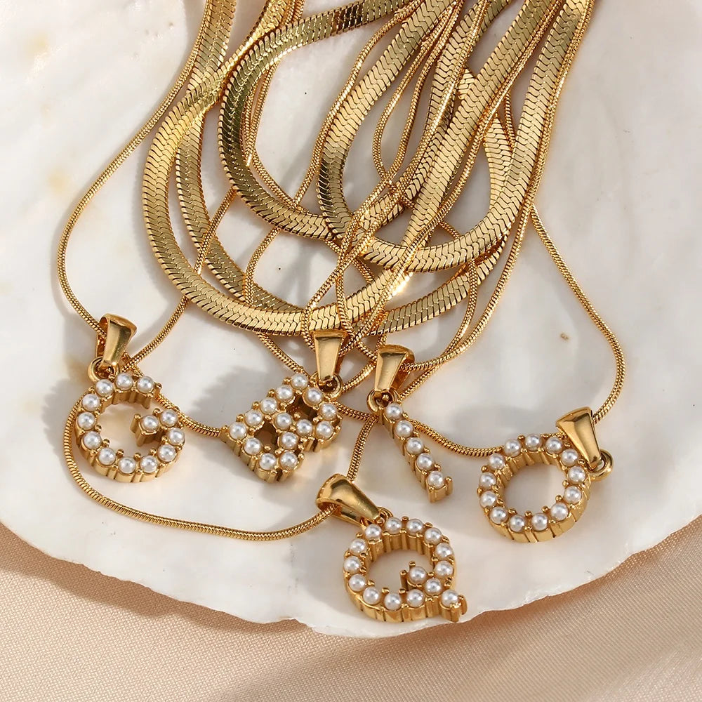 Double Layer Herringbone Chain Pearl Initial Letter Charm Pendant Necklace Gold Plated Jewelry