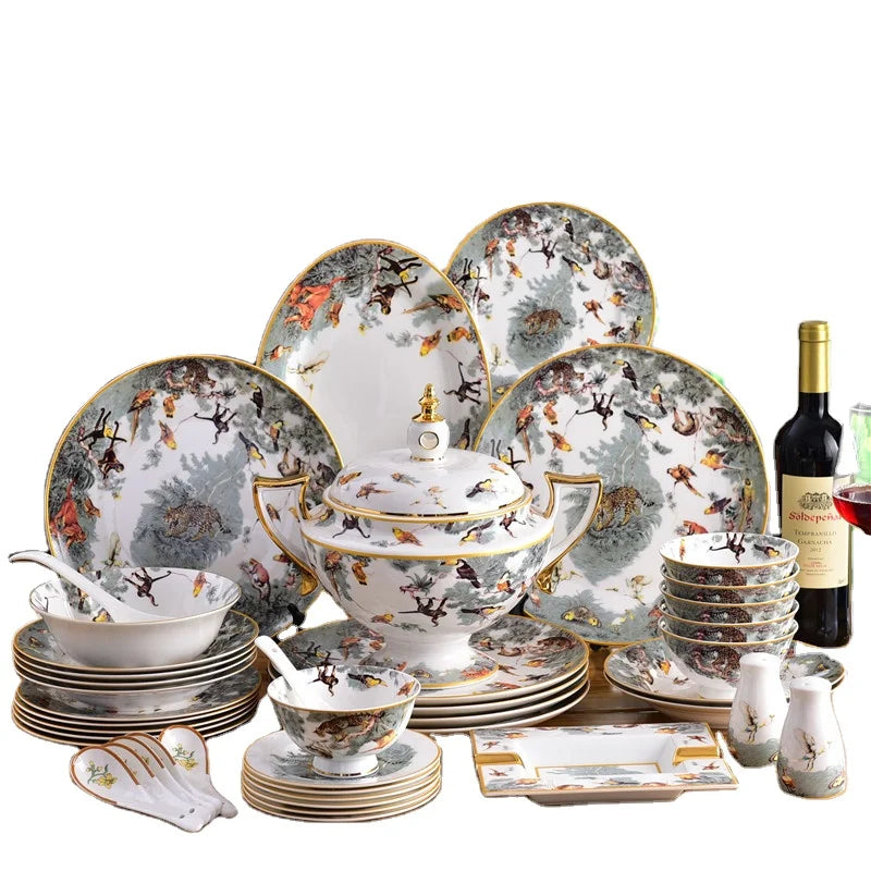 European Style Kitchen Accessories Ceramic 58 Pcs Cookware Equator Jungle FlowersBirds Fish and Insects Tableware Set