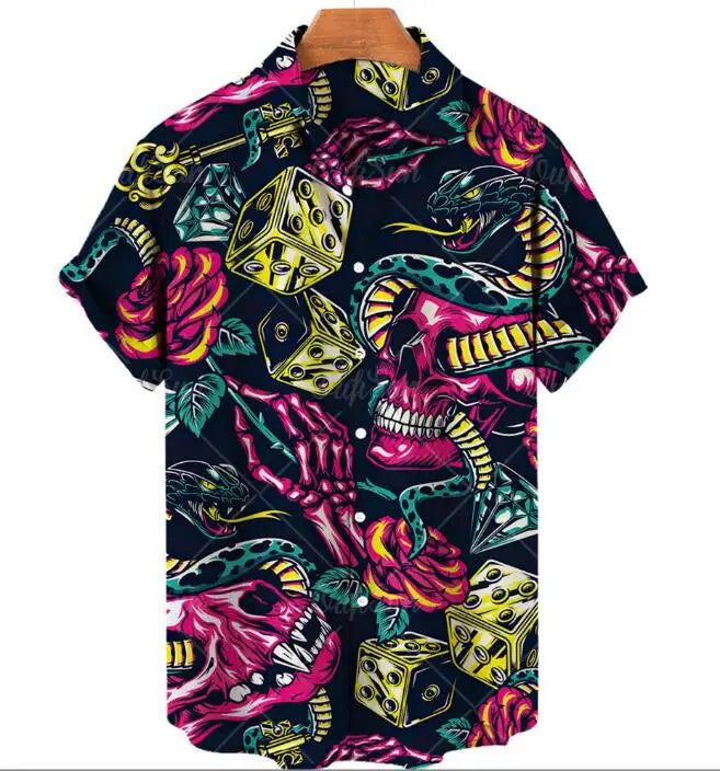 Men's Short Sleeve Hawaiian Shirt 3D Digital Skull Print Stretch Shirt Fashion Summer Beach Shirts