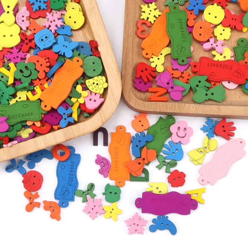 Yiwu Wintop Cute Cartoon Assorted Fruit Bow Hand Snowflake Shaped Colorful Wood Button Kids Kindergarten Diy Kit Accessories