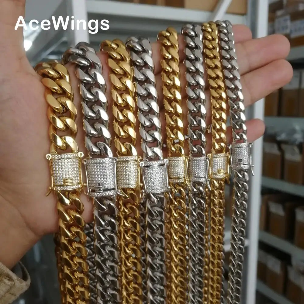 BC001 8mm 10mm 12mm 14mm Stainless Steel Cuban Chain Necklace with Brass Setting Zircon Clasp Hip Hop BLING BLING