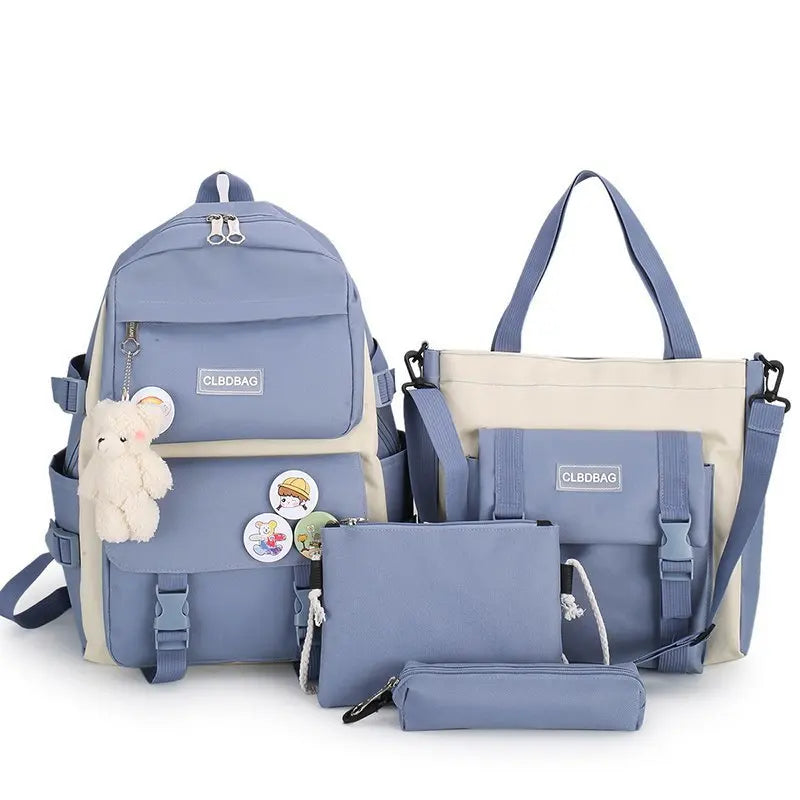 Cute Kawaii Backpack 4Pcs Canvas Backpack Pencil Pouch Shoulder Bag Lunch Bag for Girls Blue