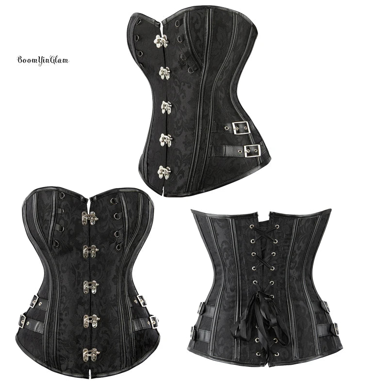 Plus Size Black Brown Retro Gothic Corset Shapewear Outfit Overbust Bustier Top Firm Control PU Leather Button Patch Metal Lock