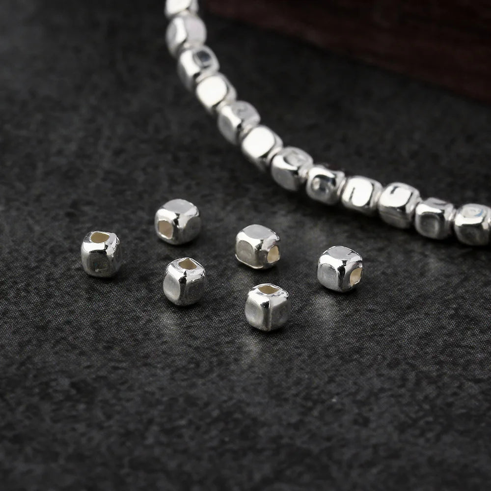 Minimalism 925 Sterling Silver Polished Cube Charm Beads for Jewelry Making Accessories Wholesale