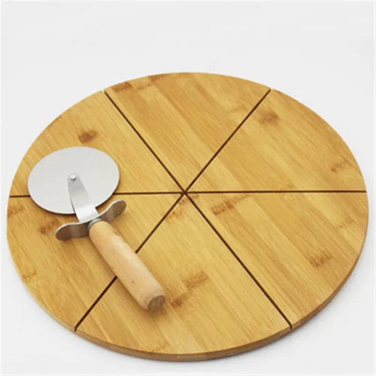 Custom 10 Inch Round Cheese Cake Divide Cutting Plate Bamboo Pizza Peel Cutting Board With Pizza Cutter Wheel