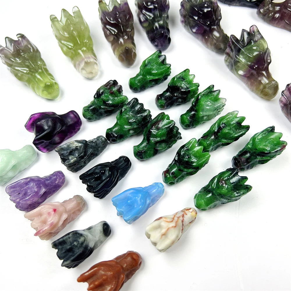Wholesale Mix Materials Crystal Crafts Hand Carved Fluorite Ruby in Zoisite Dragon Head for Decoration