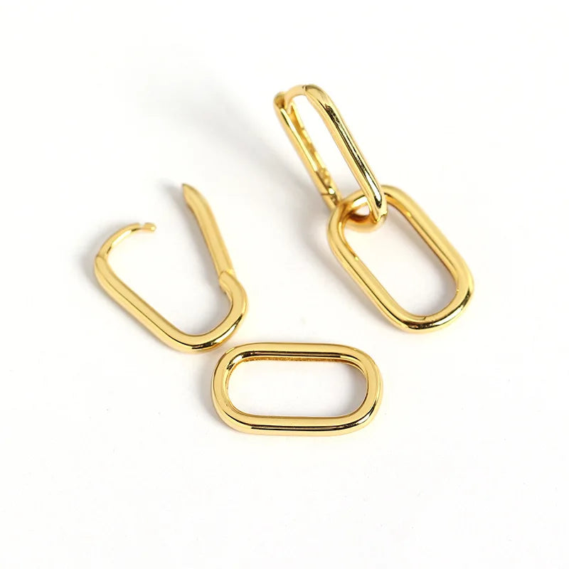 NEW INS 18K Gold Plated 925 Sterling Silver Chic Plain Big Double Oval Shape Hoop Earrings Fine Jewelry