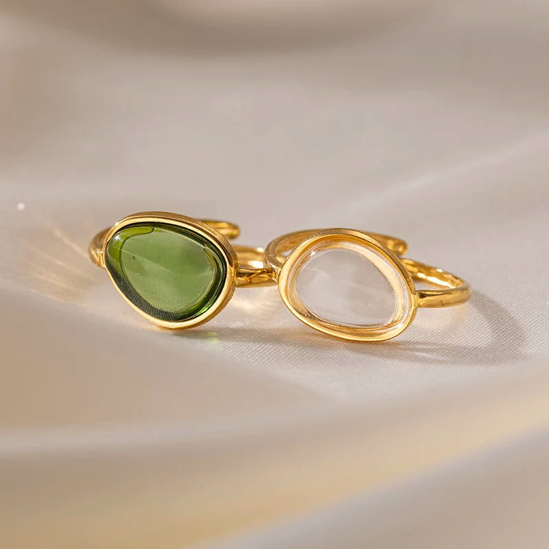 New Trendy Minimalist Vintage 18k PVD Gold Plated Stainless Steel Adjustable Resin Opening Finger Ring for Women
