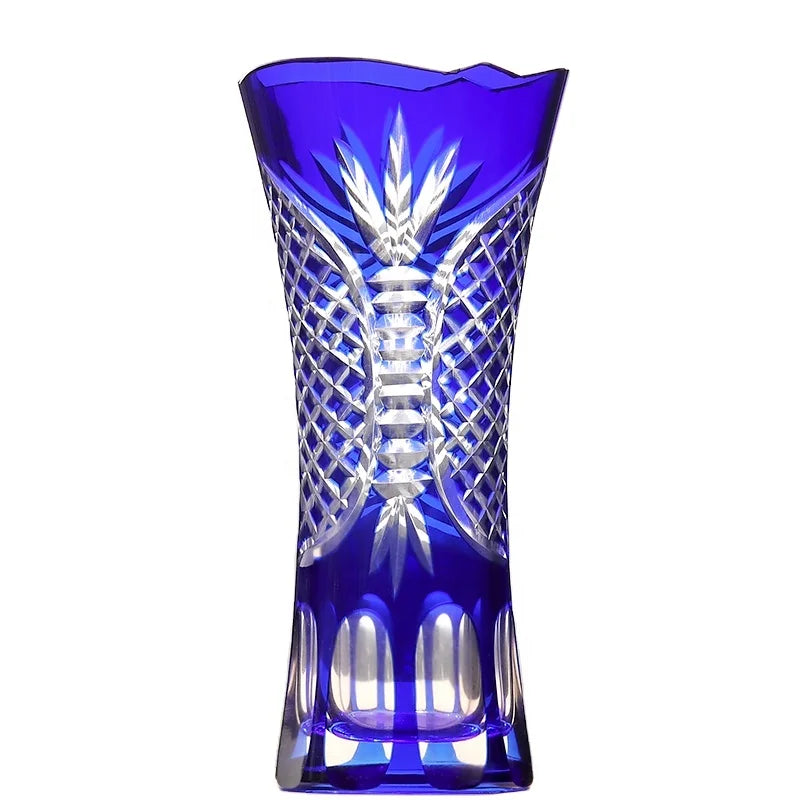 Blue Hand Carved Glass Vase Wasp-Waist Flower Vase Home Decoration Wholesale Hand Carved Glass Flower Vase