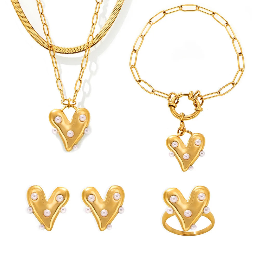 New 18k Gold Plated Stainless Steel Jewelry Set Pearl Heart Bracelet Necklace Waterproof Pearl Heart Earrings Pearl Heart Ring